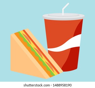 sandwich and beverage in flat design on isolate background