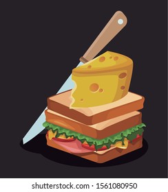 sandwich with big cheese slice and knife over black background, colorful design , vector illustration