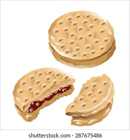 Sandwich biscuits, filled with chocolate, isolated on white background. Vector, illustration.