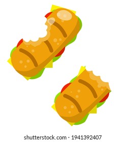 Sandwich. Bite of school lunch and a burger. Food waste. Flat cartoon illustration