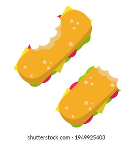 Sandwich. Bite of school lunch and a burger. Food waste. Flat cartoon illustration