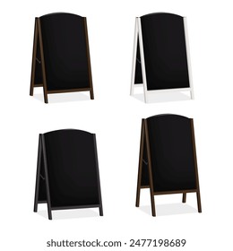 Sandwich black board, floor chalkboard easel banner. Vector mock-up set. Blank A-frame advertising display. Mockup. Double sided outdoor sidewalk sign. Template for design