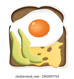 Sándwich con pan tostado negro, rodajas de aguacate, queso y huevo frito. Ilustración vectorial de un saludable desayuno para afiches, publicidad, menú, web, restaurante, café. Estilo de vida saludable.