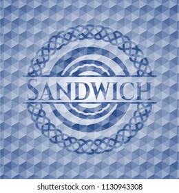 Sandwich blue emblem with geometric background.