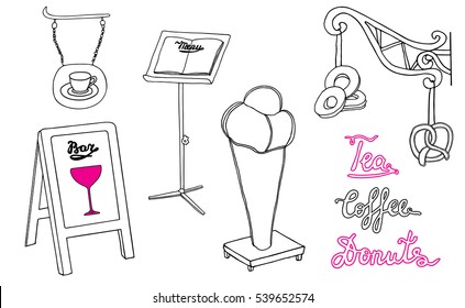 Sandwich board, signposts and signboard for coffee shop, cafe, bar, bakery, restaurant. Menu board, hanging metal coffee sign, standing ice cream signage, donuts and pretzel signs. Vector isolated. svg