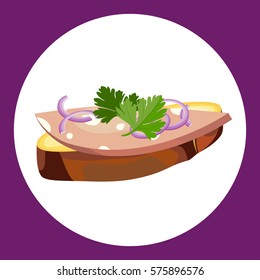 Sandwich with boiled sausage, onion rings and pink roses. Vector illustration