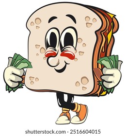 sandwich bread cartoon character mascot retro vector design  carrying money, work of hand drawn