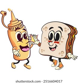 sandwich bread cartoon character mascot retro vector design giving bottle mustard a high five, work of hand drawn