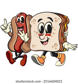 sandwich bread cartoon character mascot retro vector design walking with the hotdog character mascot, work of hand drawn