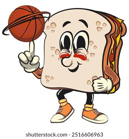 sandwich bread cartoon character mascot retro vector design spin the basketball with the index finger, work of hand drawn