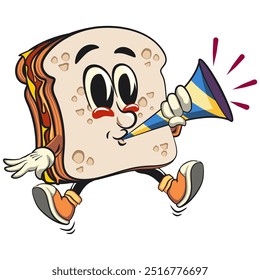 sandwich bread cartoon character mascot retro vector design blow the party horn, work of hand drawn