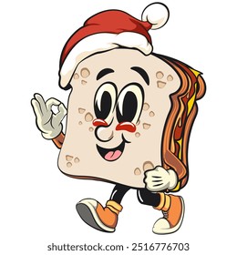 sandwich bread cartoon character mascot retro vector design walking while wearing a Santa hat calmly, work of hand drawn