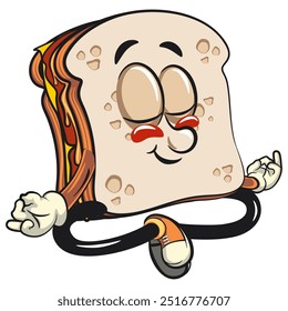 sandwich bread cartoon character mascot retro vector design  meditating, work of hand drawn