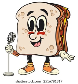 sandwich bread cartoon character mascot retro vector design in front of the mic become a stand up comedian, work of hand drawn