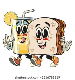 sandwich bread cartoon character mascot retro vector design with glass lemon ice character while giving a peace and giving an ok sign, work of hand drawn