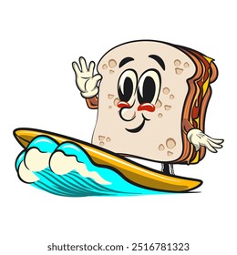 Sandwich Brot Cartoon Charakter Maskottchen Retro-Vektor-Design Surfen glücklich, Arbeit von Hand gezeichnet