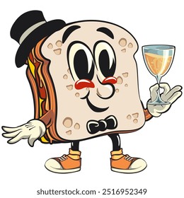 sandwich bread cartoon character mascot retro vector design wearing a hat and bow tie raising a wine glass, work of hand drawn