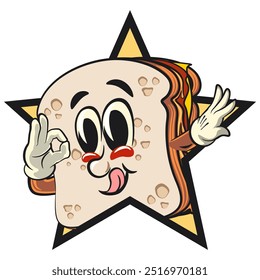 sandwich bread cartoon character mascot retro vector design out from of a star by giving an OK sign, work of hand drawn