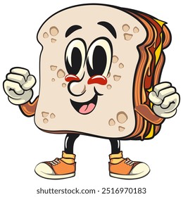 sandwich bread cartoon character mascot retro vector design be healthy and strong enough to become a champion, work of hand drawn