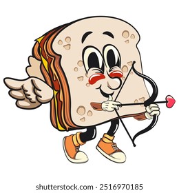 sandwich bread cartoon character mascot retro vector design become a cupid with angel wings and the arrow of love, work of hand drawn