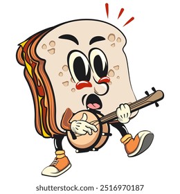 Diseño retro del Vector de la mascota del carácter de la historieta del pan del sándwich que juega el instrumento musical del banjo, trabajo de dibujado a mano