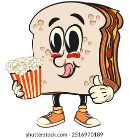 sandwich bread cartoon character mascot retro vector design brought a bucket of popcorn, work of hand drawn