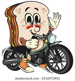 desenho de vetor retro mascote personagem de desenho animado de pão de sanduíche montando uma grande motocicleta, trabalho desenhado à mão