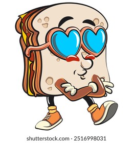 sandwich bread cartoon character mascot retro vector design wearing heart shaped beach sunglasses, work of hand drawn