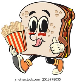 sandwich bread cartoon character mascot retro vector design brought a box of french fries, work of hand drawn