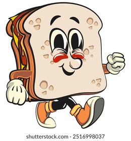 sandwich bread cartoon character mascot retro vector design walking, work of hand drawn