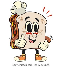 sandwich bread cartoon character mascot retro vector design as chef give thumbs up, work of hand drawn