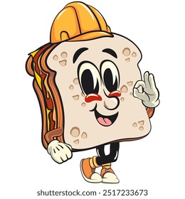 sandwich bread cartoon character mascot retro vector design wear a construction worker's helmet, work of hand drawn