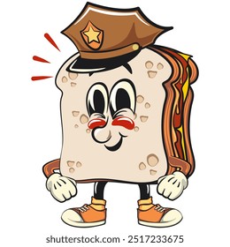 Sandwich-Brot Cartoon Charakter Maskottchen Retro-Vektordesign als Polizist, handgezeichnet