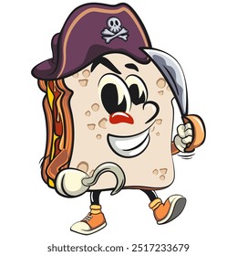 sandwich bread cartoon character mascot retro vector design as pirate with dagger, work of hand drawn