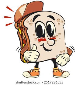 sandwich bread cartoon character mascot retro vector design wearing a baseball cap while giving a thumbs up, work of hand drawn