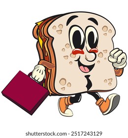 sandwich bread cartoon character mascot retro vector design wearing a tie and carrying a suitcase rushing to the office, work of hand drawn
