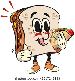 sandwich bread cartoon character mascot retro vector design carrying a taco while giving a thumbs up, work of hand drawn