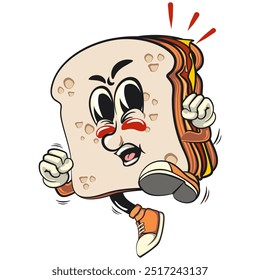 sandwich bread cartoon character mascot retro vector design enthusiastically jumping and kicking, work of hand drawn