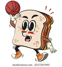 sandwich bread cartoon character mascot retro vector design playing basketbal, work of hand drawn
