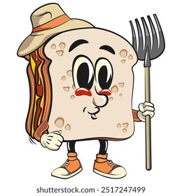 sandwich bread cartoon character mascot retro vector design as farmer in hat with his fork, work of hand drawn
