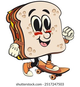 sandwich bread cartoon character mascot retro vector design playing skateboarding, work of hand drawn