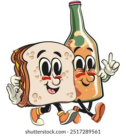 sandwich bread cartoon character mascot retro vector design with bottle beer ice character while giving a sign and giving an ok sign, work of hand drawn