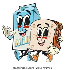 sandwich bread cartoon character mascot retro vector design with cartoon milk box mascot character while giving a thumbs up and giving an ok sign, work of hand drawn