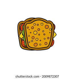 Sándwich. Pan con queso, tomate y lechuga. Icono de Comida. Ilustración de dibujos animados