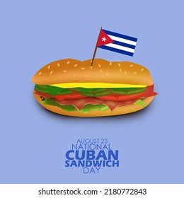 Sandwich bread containing ham, cheese, tomato and cucumber with a small flag from Cuba named the Cuban Sandwich with bold text on light blue background, National Cuban Sandwich Day August 23