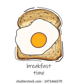 Sandwich with bread and eggs. Scrambled eggs with toast. Morning snack. Banner, poster, sticker, print. Vector illustration.