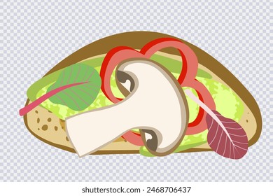 Sandwich with bread, mushroom, greens, bell peppers. Fast food. Cooking lunch, dinner, breakfast. Natural product. Healthy and tasty food ideas. Design element for menu. Vector in cartoon style