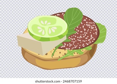 Sandwich with bread, salami , greens, cheese, cucumber. Fast food. Cooking lunch, dinner, breakfast. Natural product. Healthy and tasty food ideas. Design element for menu. Vector in cartoon style