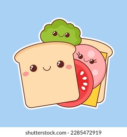Sandwich of bread, sausage, cheese and salad in kawaii style