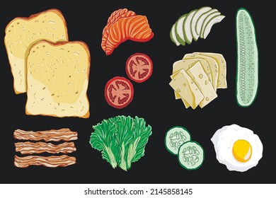 Pan de sándwich y varios ingredientes. Ilustración del vector